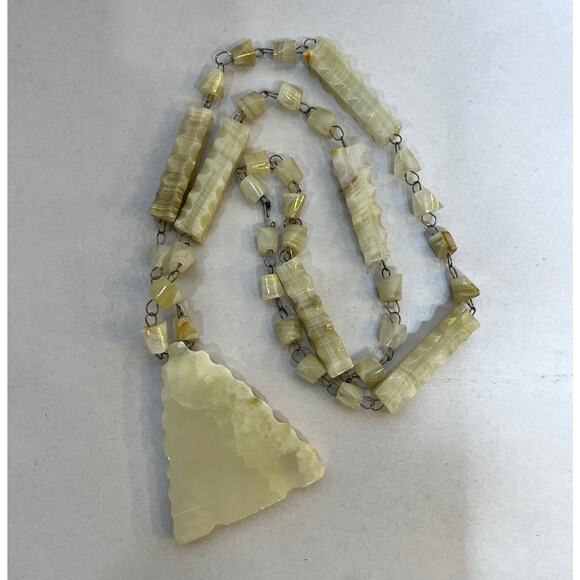 Hand Carved Quartz Beaded Necklace 13" Triangle Pendant 2.25 x 1.75" White/Tan - Picture 5 of 6